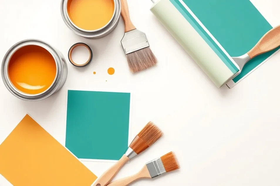 Pots de peinture, nuancier, brosses et rouleaux disposés à plat