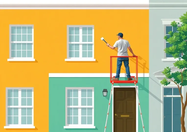 Peintre sur échafaudage traitant la façade d'une maison