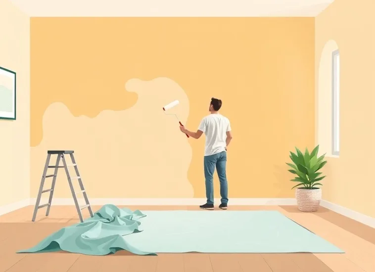 Peintre appliquant la peinture au rouleau sur un mur de salon
